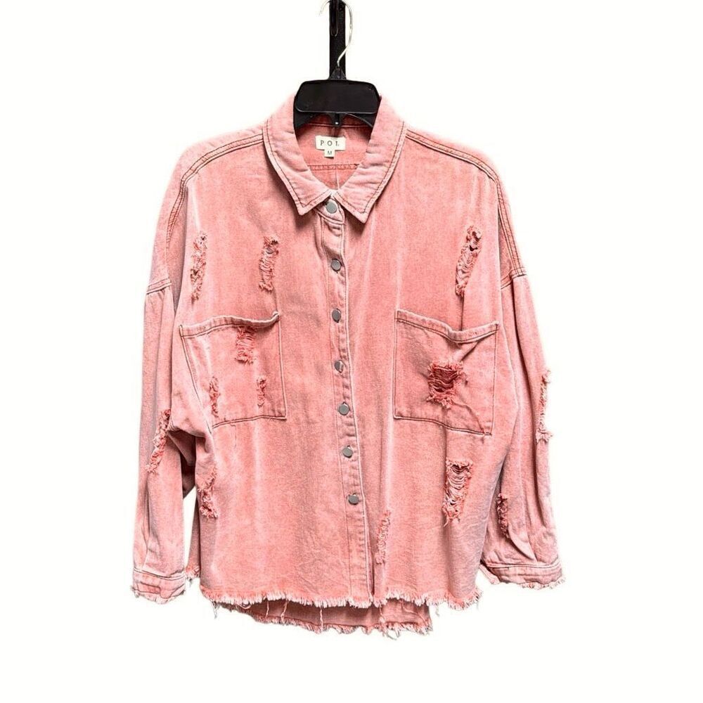POL Women’s Distressed Denim Shacket Jacket Top  Size Medium